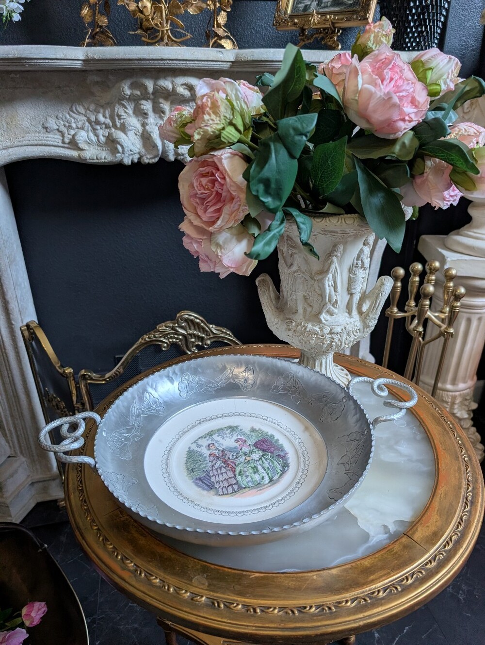 Vintage Farberware hand-wrought aluminum tray w/ Victorian Print Porcelain Plate